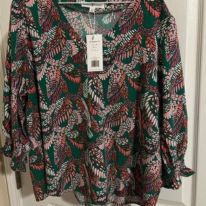 Leaf Patterned Blouse with Green and Pink Accents